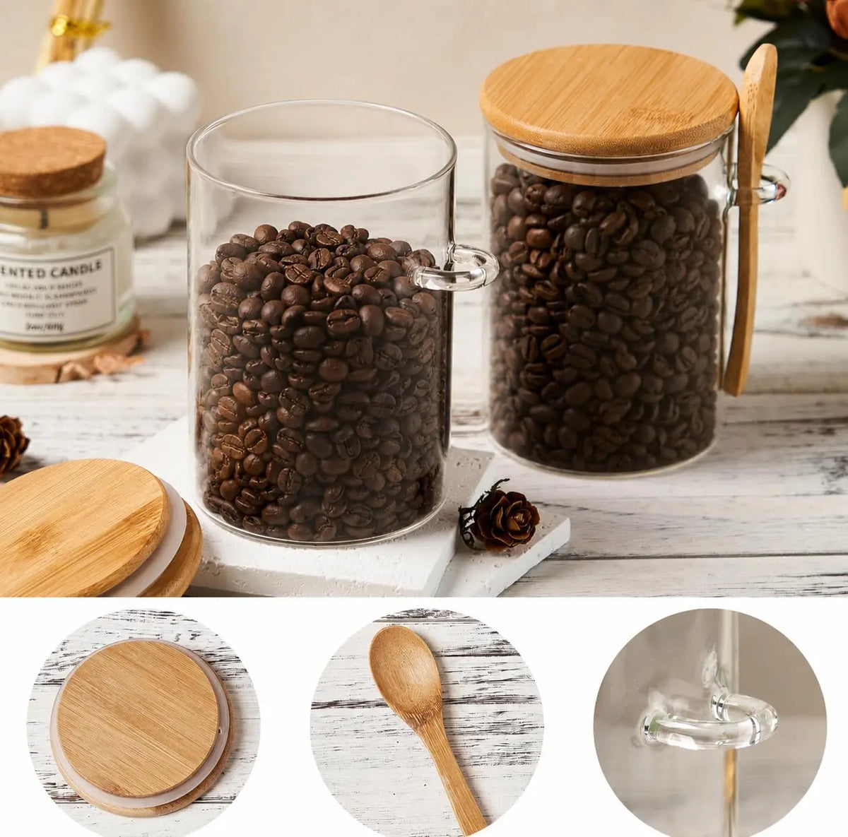 A set of airtight glass spice jars with bamboo lids, filled with dark coffee beans, displayed on a wooden surface.
