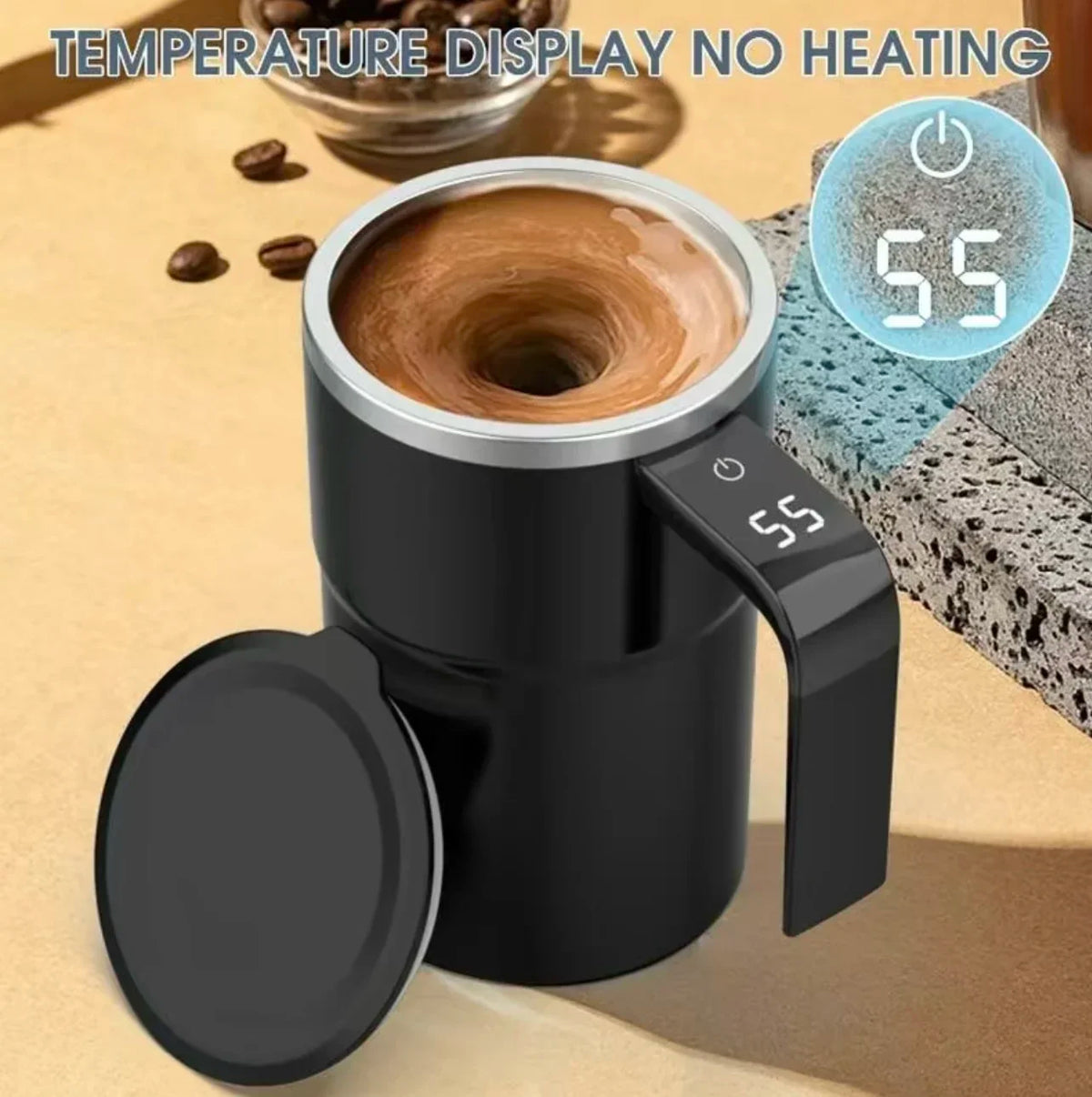 A black electric self-stirring coffee mug with a lid and a temperature display showing 55 degrees.