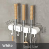 White small size wall mounted broom holder with wooden handles and chrome rods