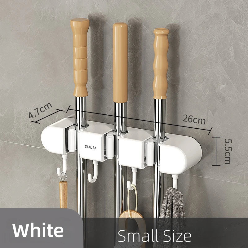 White small size wall mounted broom holder with wooden handles and chrome rods