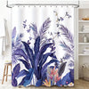 A floral butterfly shower curtain featuring a tropical garden design with deep blue and purple leaves and flowers.