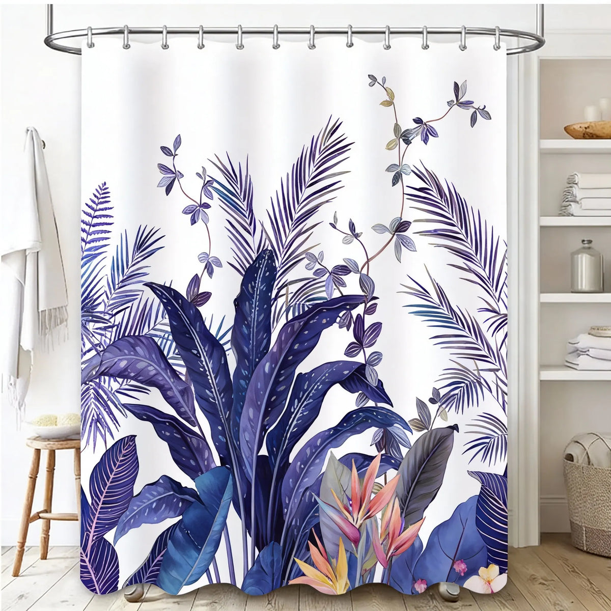 A floral butterfly shower curtain featuring a tropical garden design with deep blue and purple leaves and flowers.
