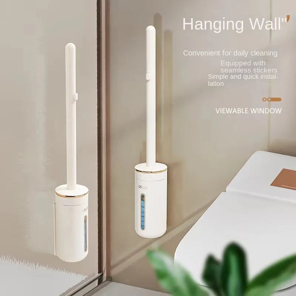 A white wall-mounted toilet brush cleaning kit is shown next to a toilet, highlighting its convenient design for daily cleani