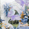 A floral and butterfly decoration featuring purple and blue flowers and butterflies on a white backdrop.