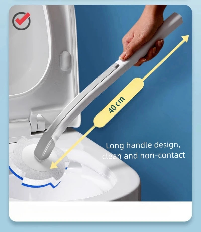 A hand is using a long handle cleaning brush for the toilet bowl, demonstrating a non-contact design.