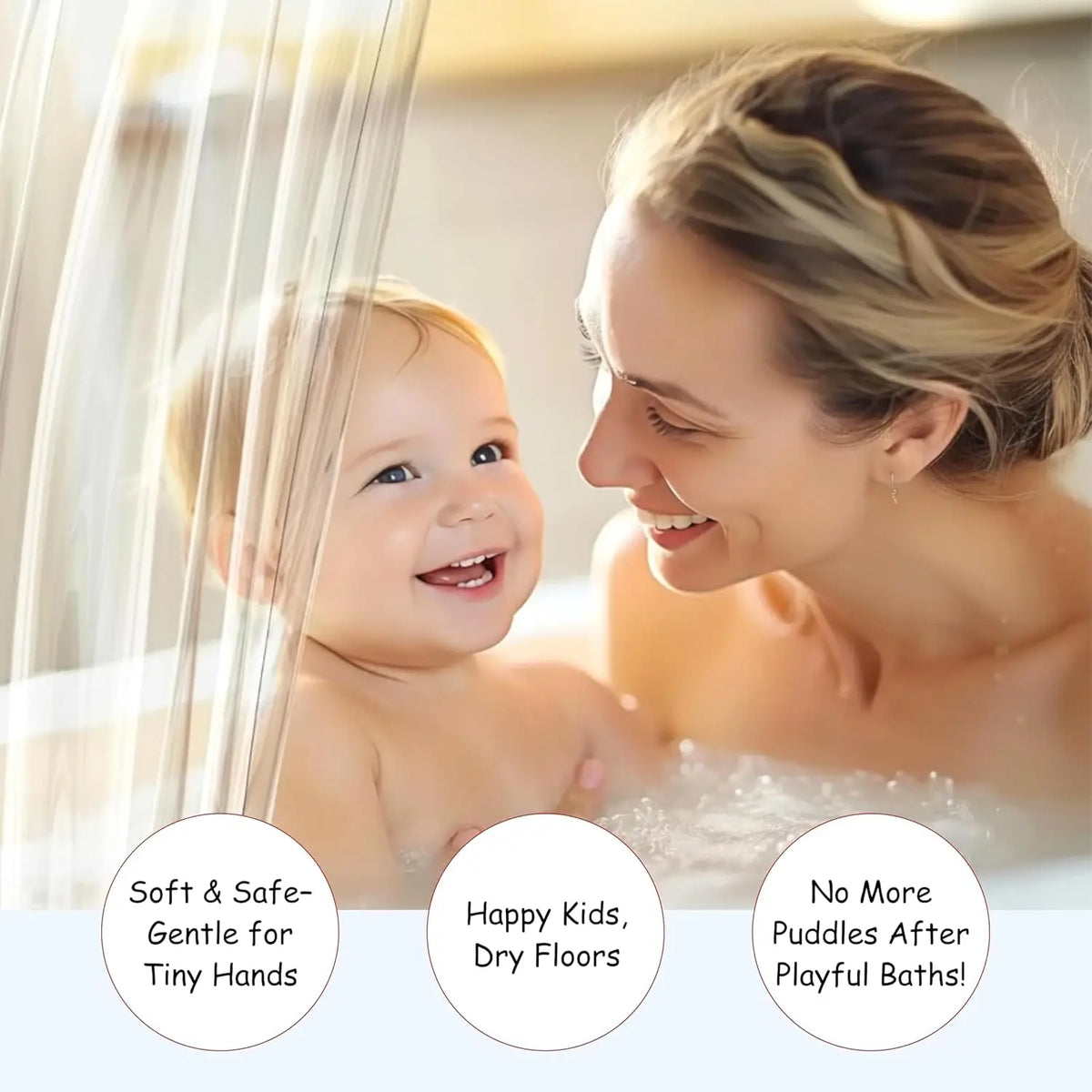 A mother gently looks at her baby in a bathtub filled with water, demonstrating the soft and safe features of the shower curt