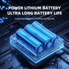 Blue lithium battery cells displayed on a circuit board with glowing blue light.
