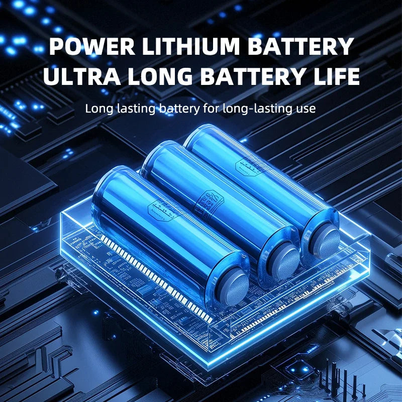 Blue lithium battery cells displayed on a circuit board with glowing blue light.