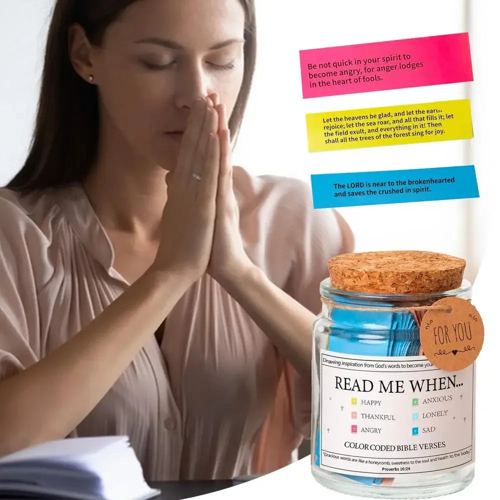 A jar of colorful bible verses for gratitude, with text encouraging peace and joy.