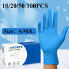 A hand wearing a blue disposable nitrile glove is shown next to a box of gloves, with text indicating various pack sizes.