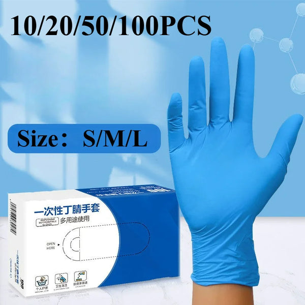 A hand wearing a blue disposable nitrile glove is shown next to a box of gloves, with text indicating various pack sizes.