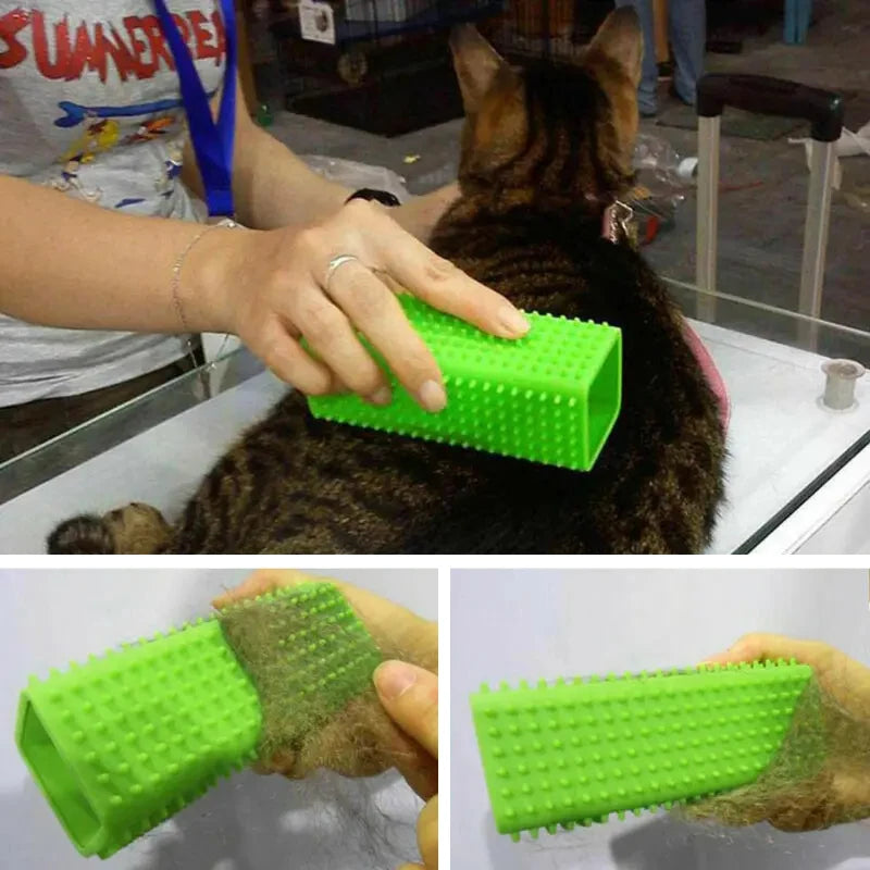 Eine Hand benutzt eine grüne Silikonbürste zum Entfernen von Tierhaaren auf der Fell eines Katers.