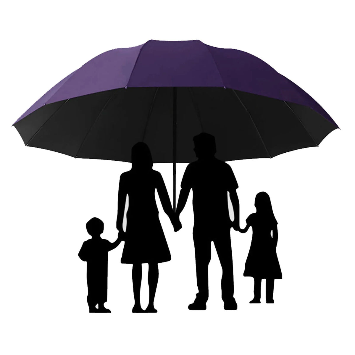 Ein schwarzer Regenschirm ist geöffnet und schützt eine vierköpfige Familie unter einem lila Baldachin.