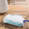 A fluffy blue electrostatic duster refill is shown next to a white container, demonstrating its ability to pick up dust and d