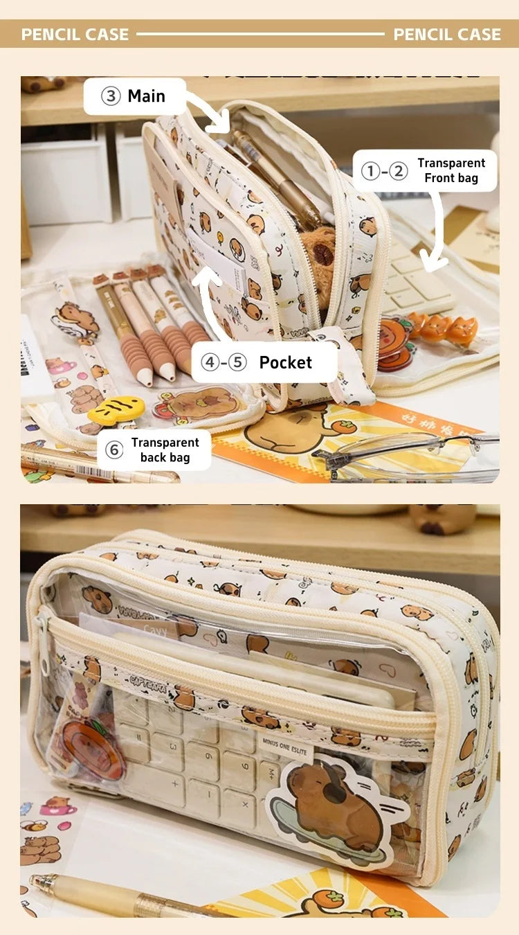 A beige pencil case with transparent pockets and a main compartment, showing various stationery items.