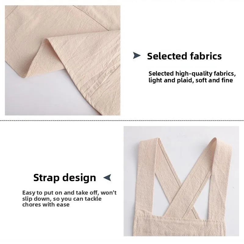 A close-up of a beige cotton kitchen apron fabric and a strap design detail.