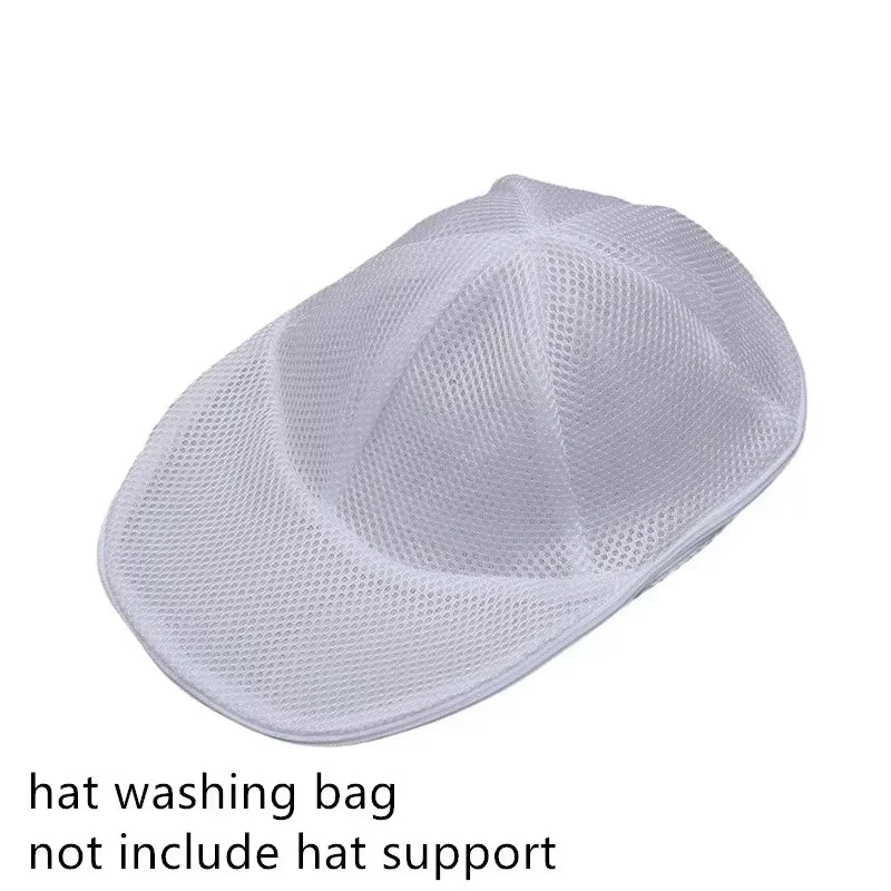 White reusable laundry bag designed to protect hats, shown from above.