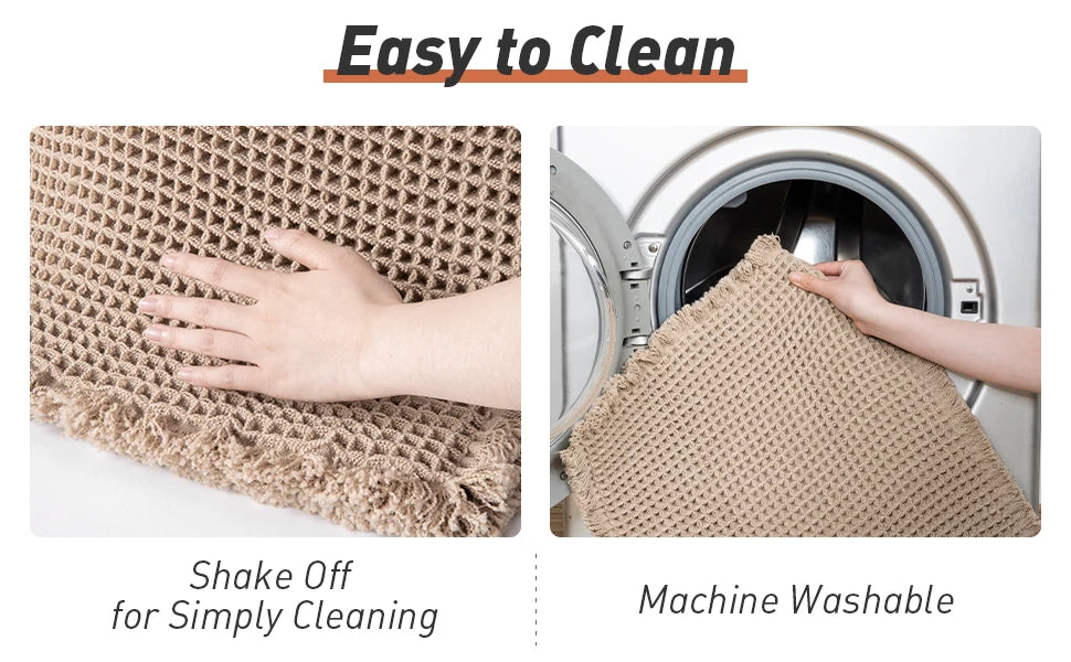 A beige waffle weave bathroom rug being shaken off for cleaning and a similar rug being washed in a machine.