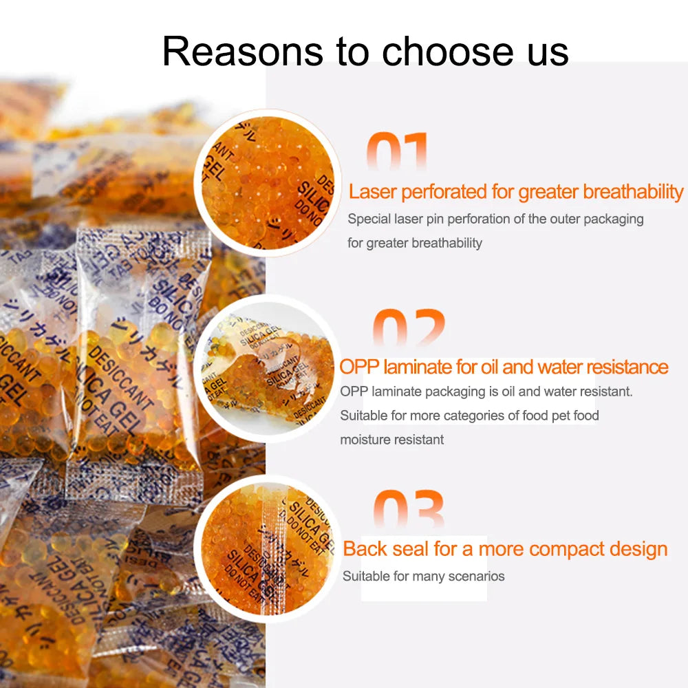 Infographic showing reasons to choose a product including laser perforation, OPP laminate, and back seal for food desiccant b