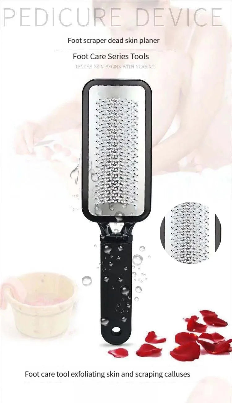 A black pedicure device foot scraper used for exfoliating skin and scraping calluses, shown next to a small bowl of product.