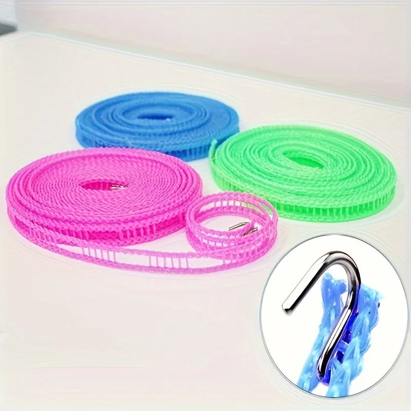A collection of pink, blue, and green heavy-duty anti-slip windproof clothesline ropes and bungee cords.