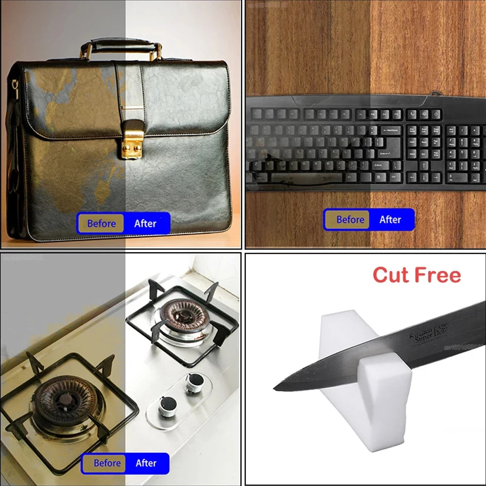 Before and after comparison of a leather bag, a keyboard, and a stove burner using melamine foam cleaning sponges.