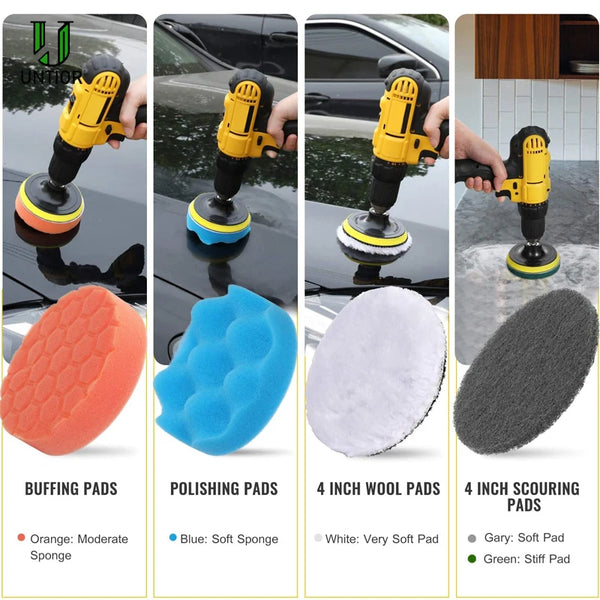 A set of multi-purpose electric cleaning brushes including buffing pads, polishing pads, wool pads, and scouring pads in vari
