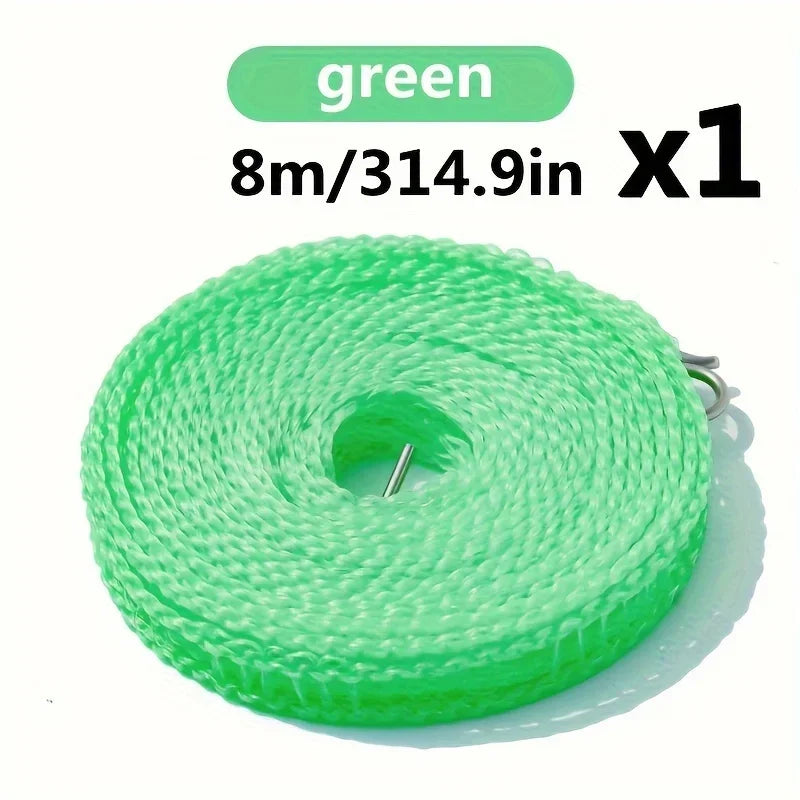 Green heavy-duty portable clothesline wire coiled on a spool