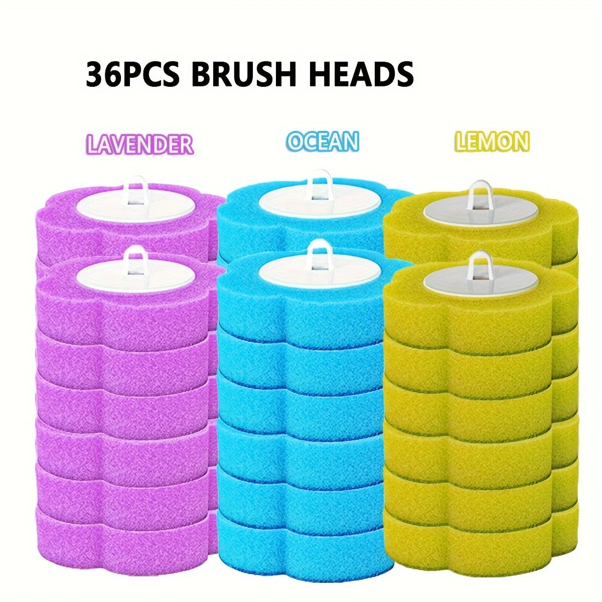 A set of 36 brush heads in lavender, ocean blue, and lemon yellow for a disposable toilet brush set.