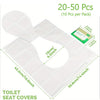 White disposable toilet seat covers packaged for sale, showing the size and quantity per pack.