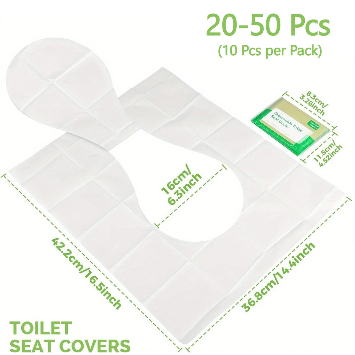 White disposable toilet seat covers packaged for sale, showing the size and quantity per pack.