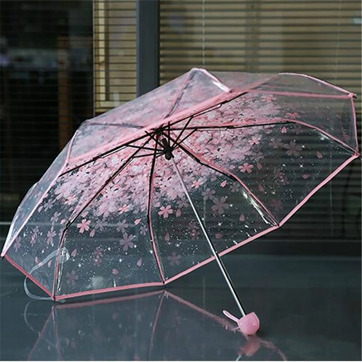 Ein klarer Regenschirm mit rosa Blumenmuster, geöffnet auf einer reflektierenden Oberfläche.
