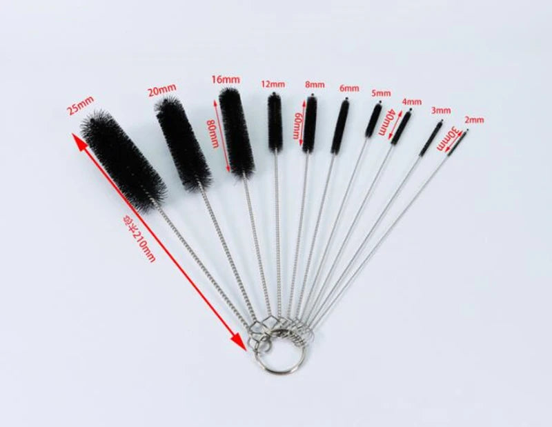 A set of ten nylon bottle and straw cleaning brushes with varying sizes arranged radially on a white background.