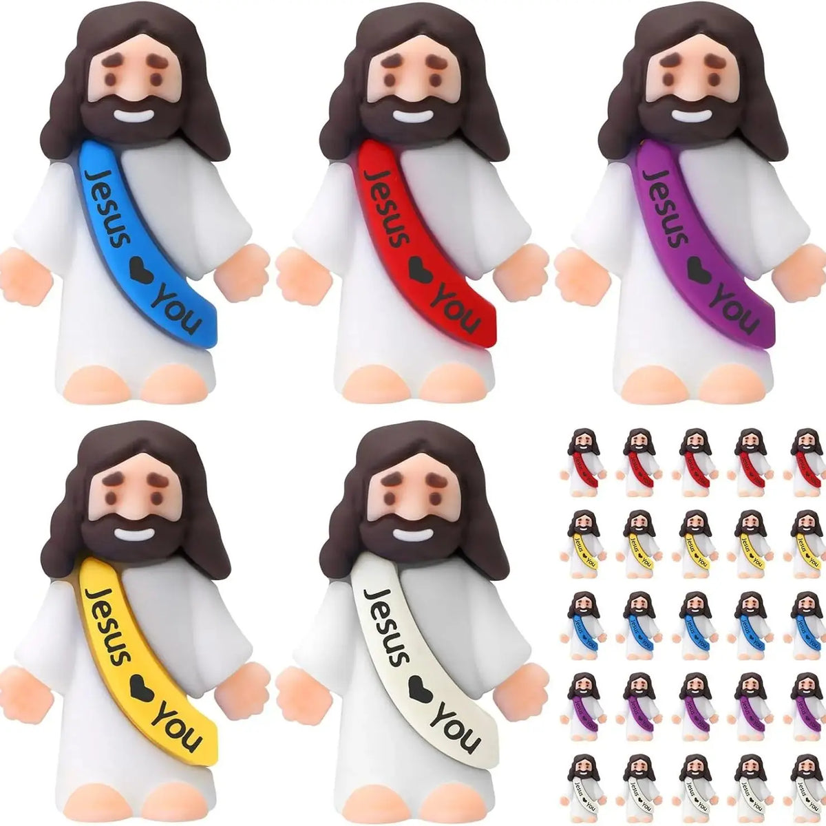 Un set d'ornements miniatures de Jésus dans diverses couleurs, y compris blanc, rouge et violet.
