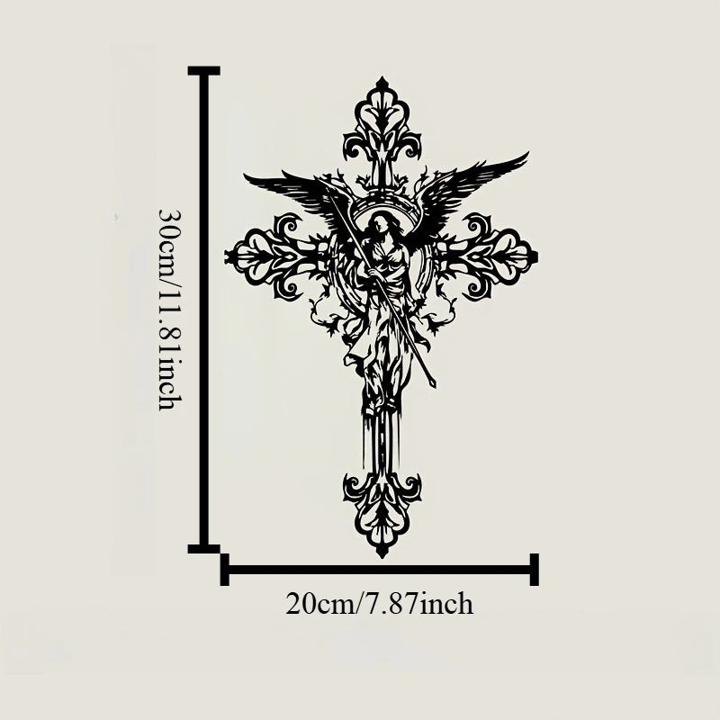Black metal cross wall art decor design with intricate foliage and wings