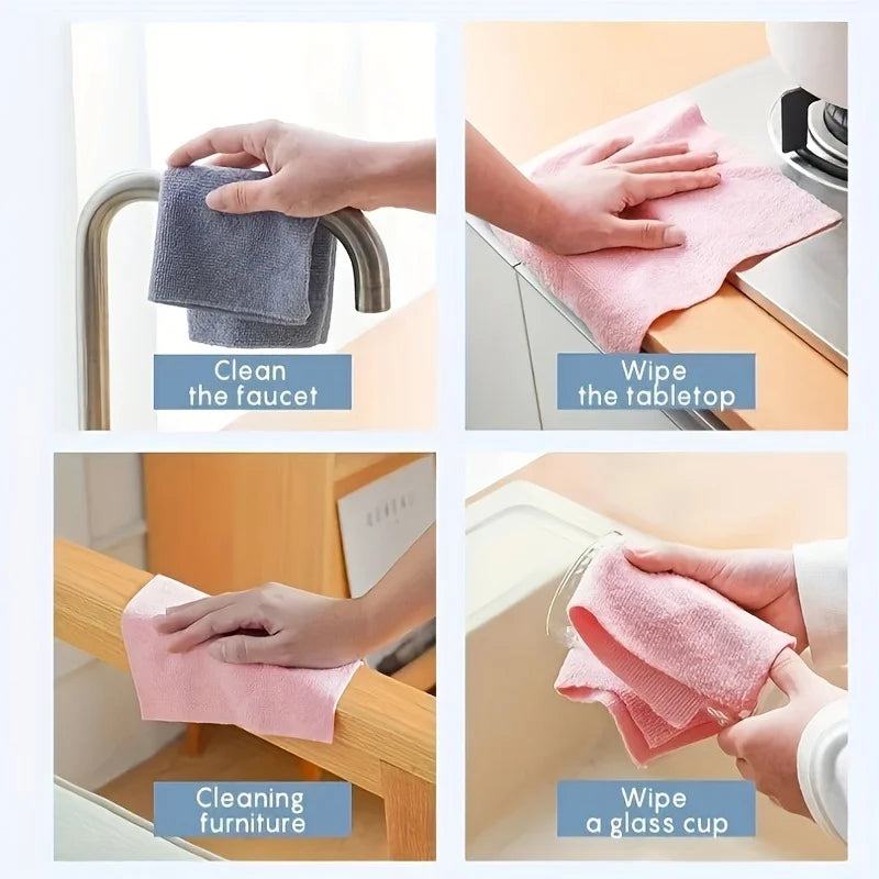Four panels showing reusable microfiber cleaning cloths being used to clean a faucet, tabletop, furniture, and glass cup.