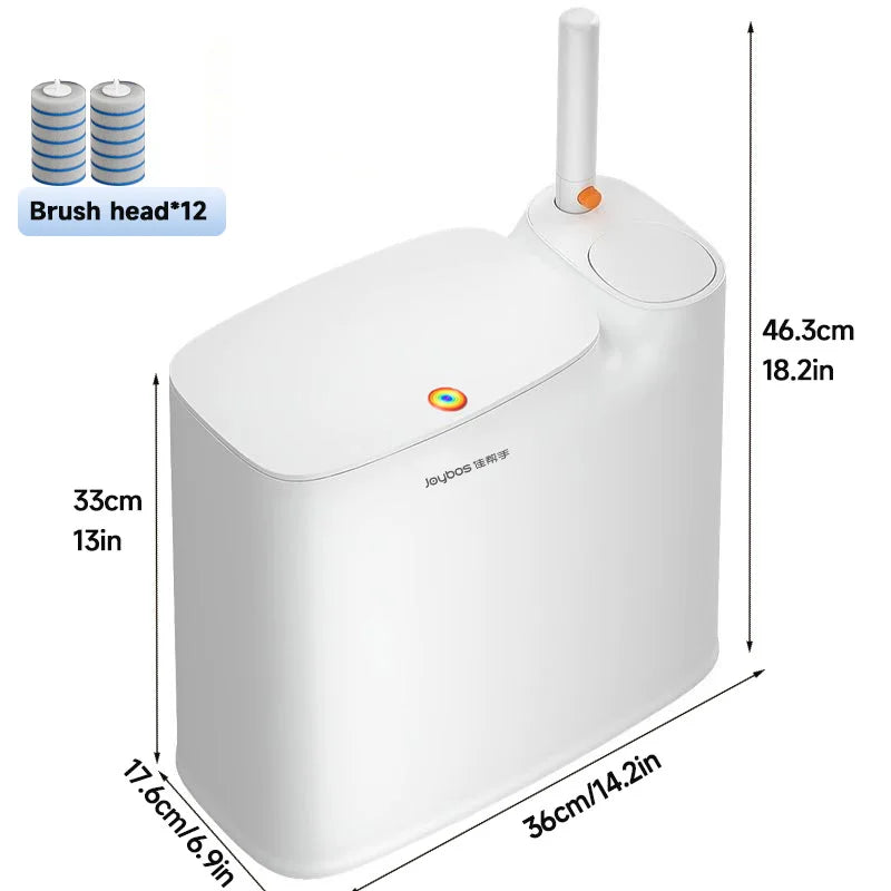 A white 2-in-1 trash can with a brush head and a vertical handle, shown in a side view.