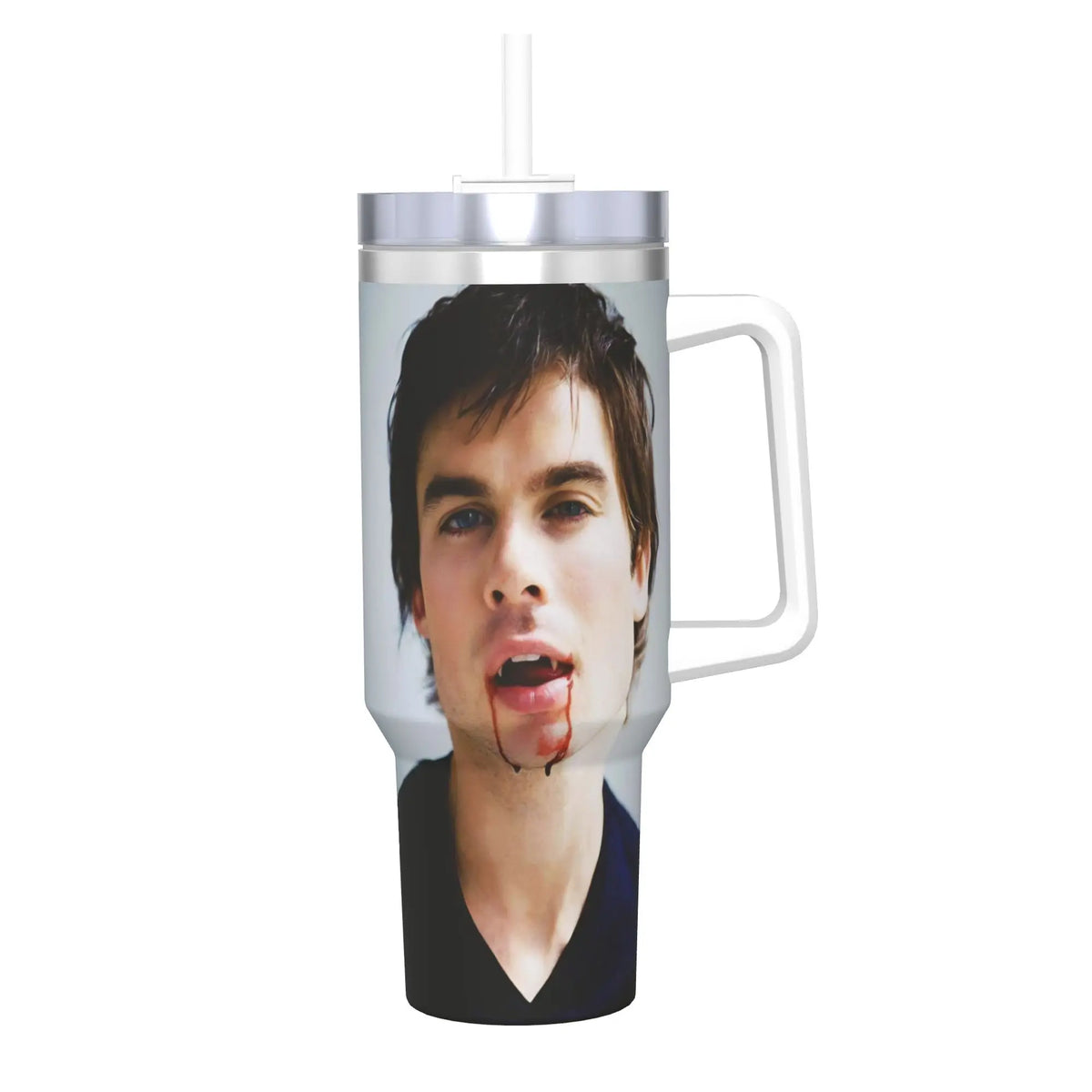 A stainless steel thermal tumbler with a straw featuring a close-up portrait of a man with blood on his face.
