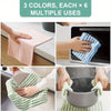 Six thick coral fleece cleaning cloths in various colors are shown being used for household cleaning tasks.