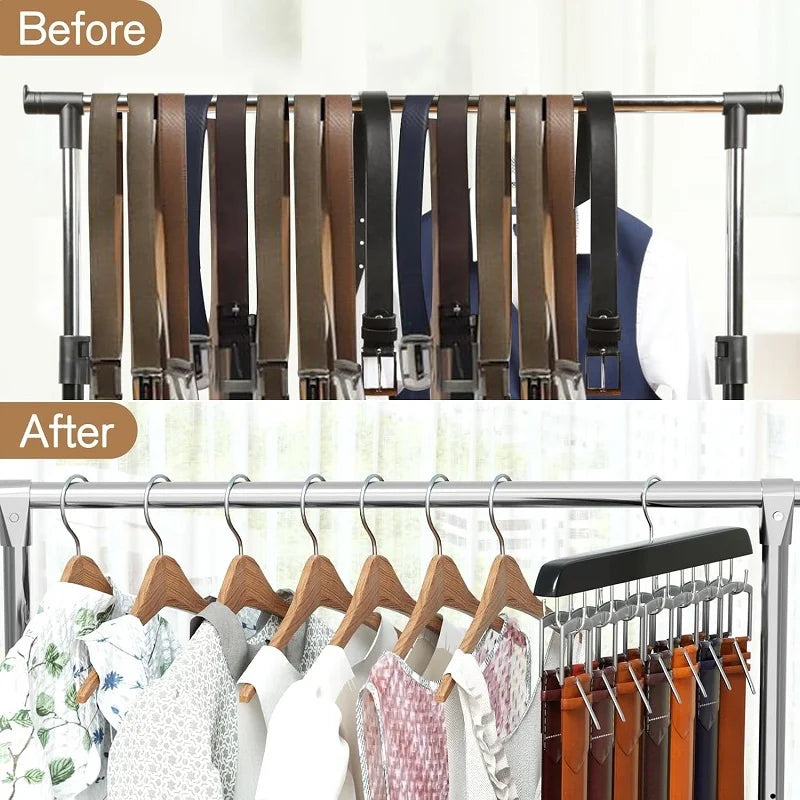 Before and after comparison of a wooden belt and accessory organizer hanger