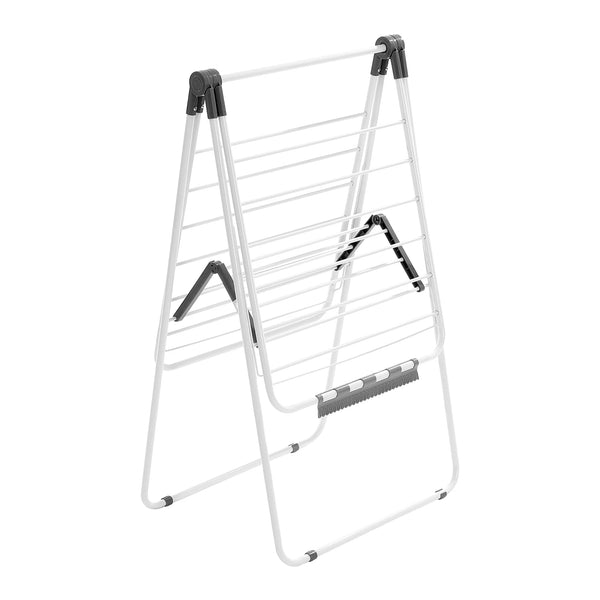 A white foldable adjustable clothes drying rack with black grips and a horizontal bar.