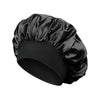 Black elastic satin hair bonnet with a gathered top