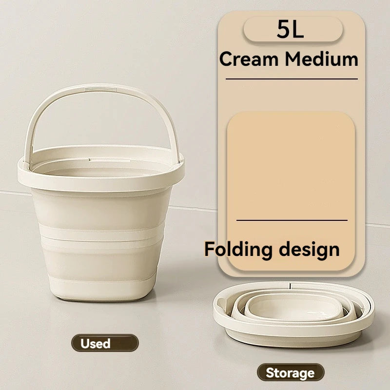 A beige plastic bucket with a folding design is shown next to its disassembled components and a label indicating 5L Cream Med