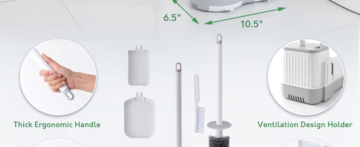 Set Reinigungswerkzeuge mit dicker ergonomischer Griff, Kolben und Belüftungshalter für die Toilette.