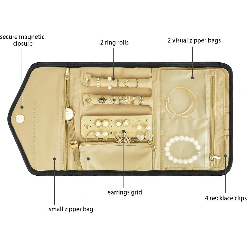A beige foldable waterproof jewelry organizer bag showing various compartments for storing earrings, rings, and necklaces.