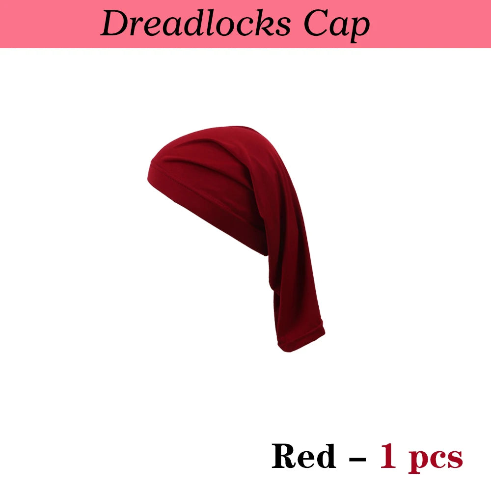 A deep red spandex dreadlock tube cap shown in a draped form.