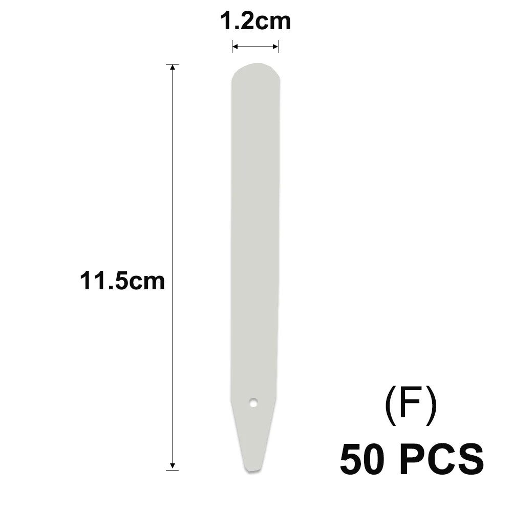 A white T-shaped plant marker with a 1.2cm width and 11.5cm length, sold in a pack of 50 pieces.