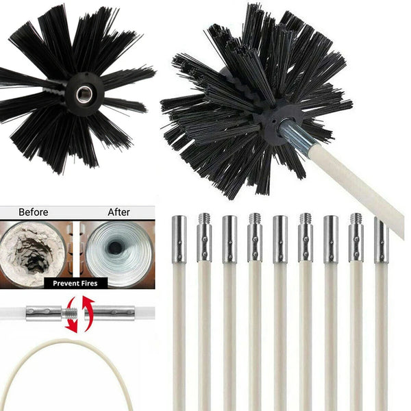 A set of extendable chimney cleaning brushes for dryer vents shown before and after use.