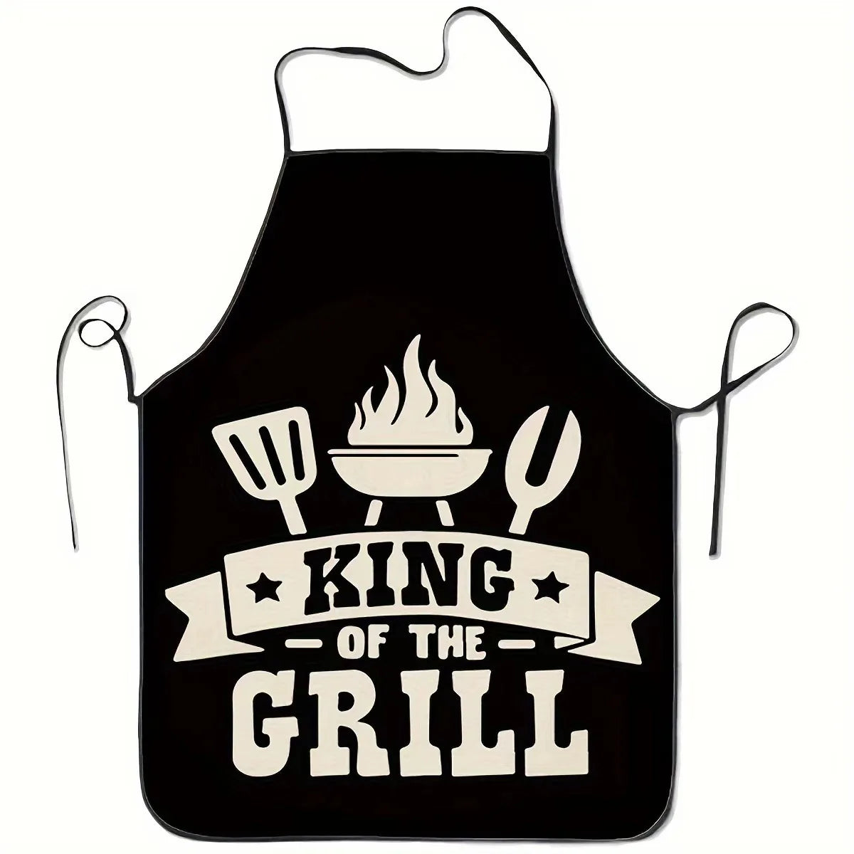 Schwarze Schürze mit weißer Aufschrift „King of the Grill“ und Flammenmotiv
