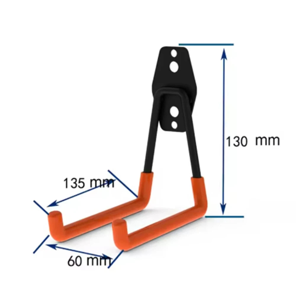 Un juego de ganchos metálicos para pared resistentes, en negro y naranja, con dimensiones mostradas.